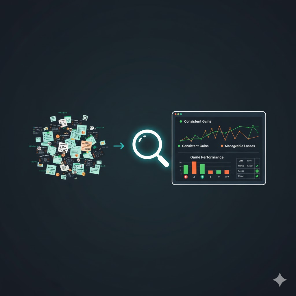 A graphical illustration depicting disorganized raw gaming data transforming into clear, actionable insights on a dashboard with a line graph for gains/losses and distinct visual cards summarizing game performance, representing refined data tracking.